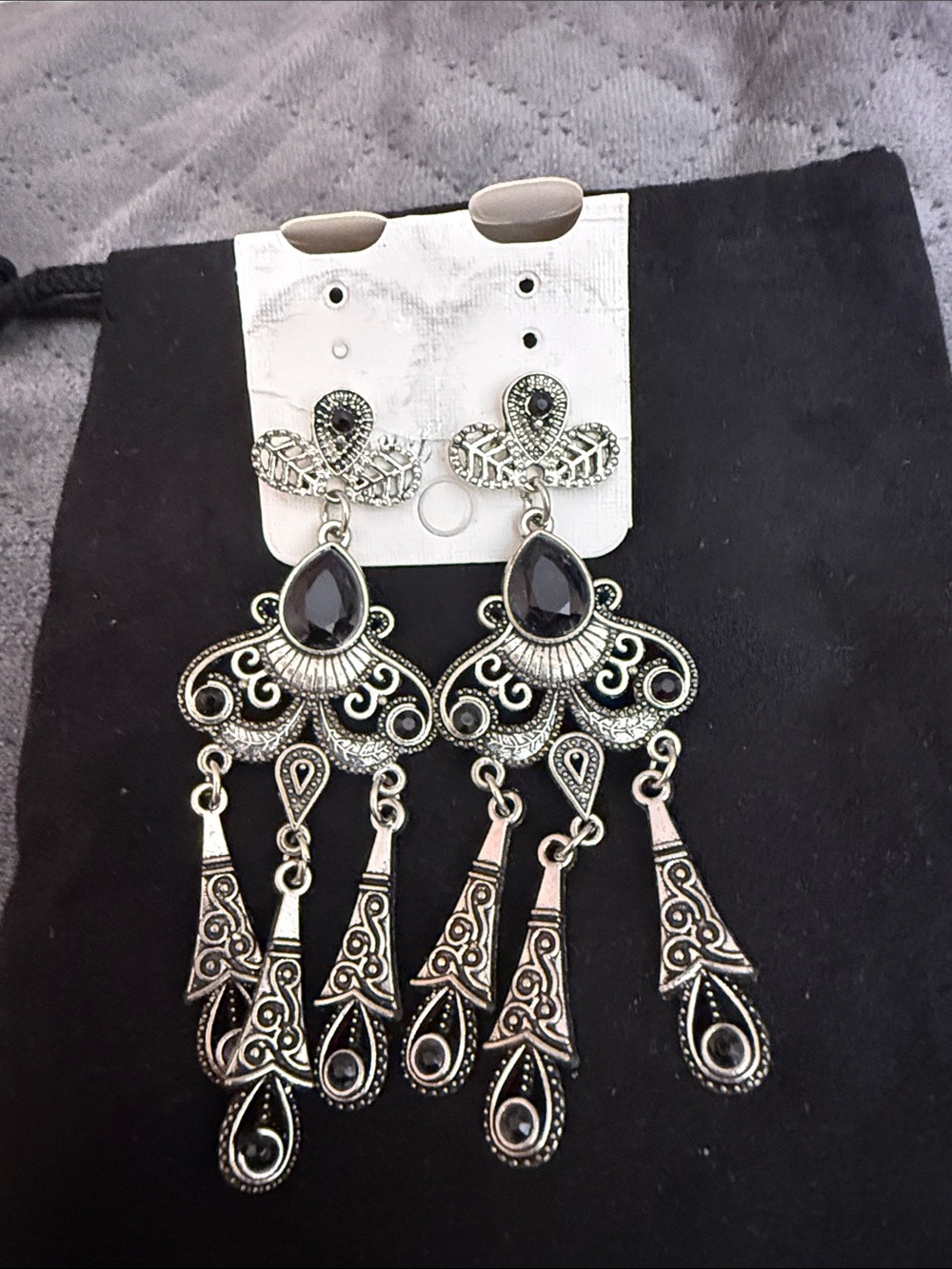 Silver-Tone Black Teardrop Chandelier Earrings - Women Jewelry